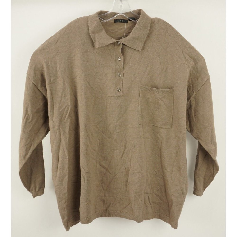 New RDI Women's XL Oversized Long Sleeve Light Brown Woven Pocket Polo Sweater